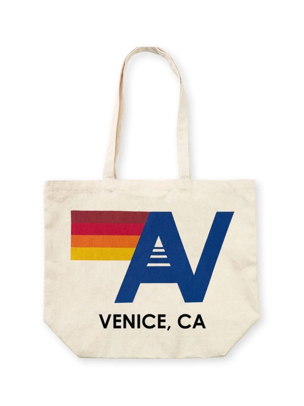 Aviator Nation Cream Tote with Blue Logo and Red-Orange-Yellow Retro Stripe